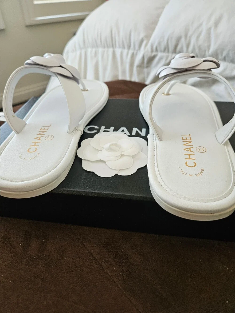 CHANEL White Camellia Leather Slide Sandals with Gold Eyelets